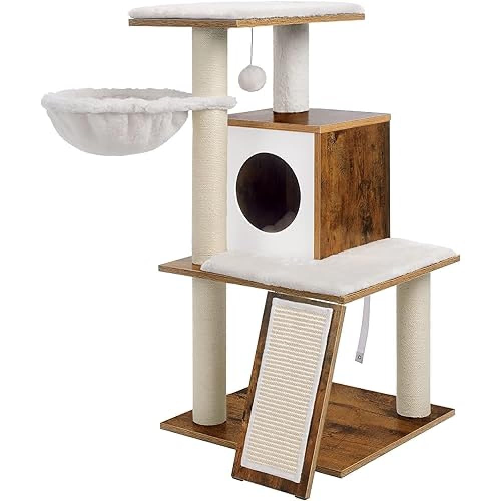 Feandrea Albero per Gatti, Tiragraffi, Casetta per Gatti con Scomparto per Lettiera, Supporto per Ciotola Rialzato, Palo in Sisal, Tappeti Lavabili, Marrone Vintage PCT312X01