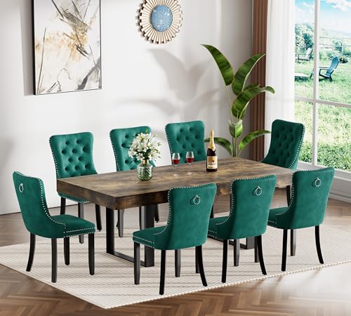 Image of Rustic Brown Dining Room Table Set for 8, 9-Piece 63 inch-78.74 inch Extendable Dining Table Set with 8 Upholstered Chairs, Rectangle Wooden Expanding Kitchen Table and Green Chairs Set