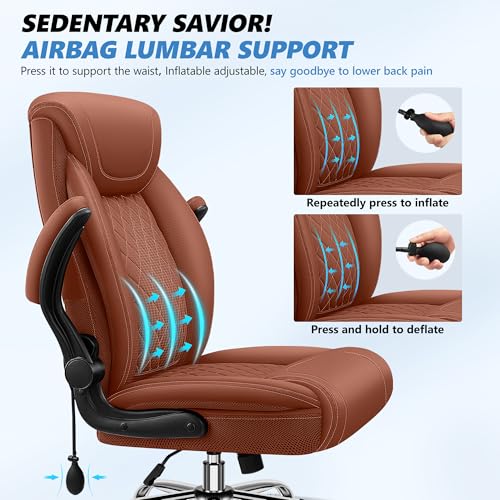 Image of BestGlory Executive Office Chair with Lumbar Support, Big and Tall Ergonomic Computer Desk Chair, Leather Comfy High Back Gaming Chair with Flip Up Arms & Rocking Function for Home Office, Brown