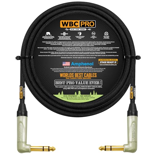 10 Foot - WBC-PRO-Quad Ultra-Silent Ultra-Flexible Balanced Star-Quad Cable with Amphenol QS3R-AU ¼ Inch (6.35mm) Gold Right-Angled TRS Stereo Phone Plugs & Black Tweed Jacket