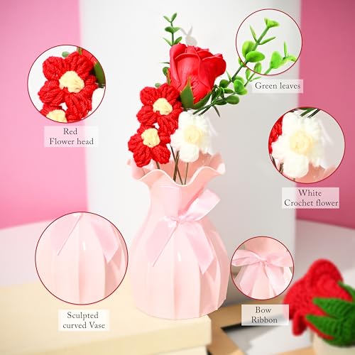 Image of Art Street Handmade Crochet Flower Vase with Artificial Rose | Red & White Knitted Flowers with Green Leaves | Decorative Pink Vase with Ribbon for Home Decor, Birthday, Anniversary