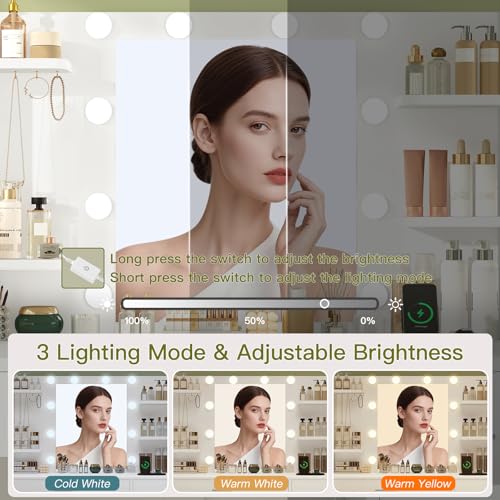 Image of Quimoo Vanity Desk with Mirror and Lights, Makeup Vanity with Power Outlet and 4 Drawers & 6 Shelves & 5 Hooks, 3 Color Modes & Adjustable Brightness, White Vanity for Bedroom