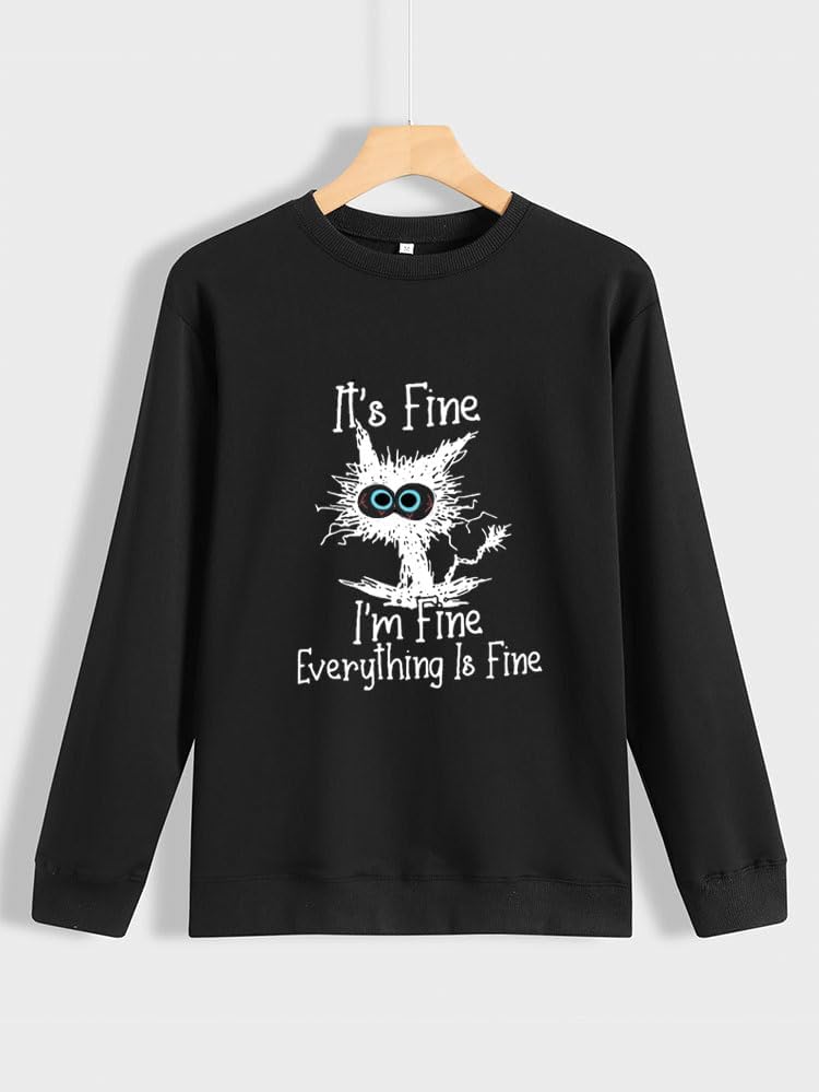 Cat Graphic Sweatshirts For Women Cute Long Sleeve Shirts I'm Fine Everything Is Fine Sweatshirt Pullover Crewneck Tops - Image 4