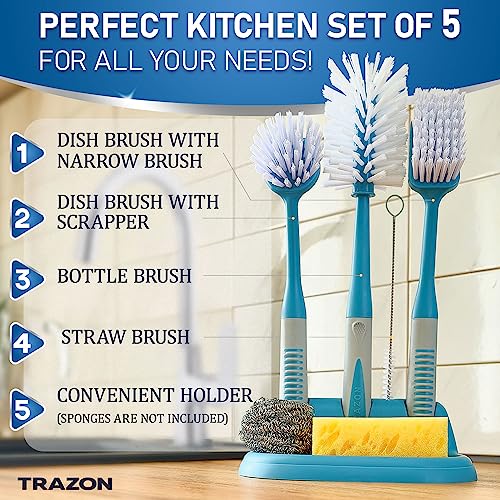 Image of Dish Brush Set of 5 with Convenient Holder, Bottle Water Brush, Dish Scrub Brush, Scrubber Brush and Straw Brush - Kitchen Scrub Brushes Non Slip Long Handle for Sink Dishes Cup Pot