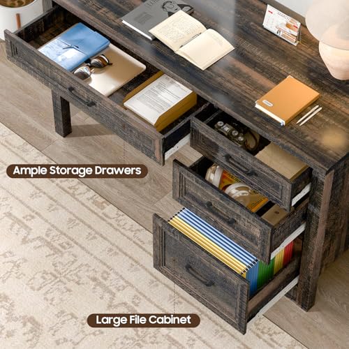 Image of Vabches Farmhouse Executive Desk with Storage and Ample File Drawer, Rustic Large Home Writing Desk for Bedroom, Dark Oak