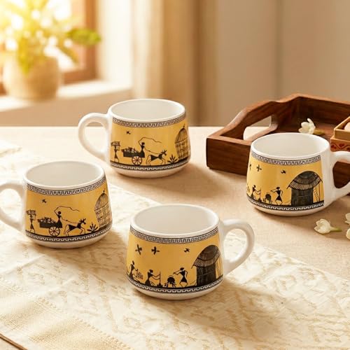 Image of The Earth Store Yellow Warli Art Ceramic Tea Cup Set of 6 for Tea | 140ML Each | Microwave & Dishwasher Safe | Perfect for Every Occasion Chai | Coffee Cups for Home, Office, Gifting & Daily Use