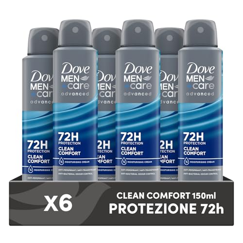 Dove Men+Care Deodorante Spray Advanced Care Clean Comfort, Antitraspirante Uomo, con 1/4 Crema Idratante, Anti Bacterical Odour Control, Protezione Fino a 72 Ore, 6x150ml