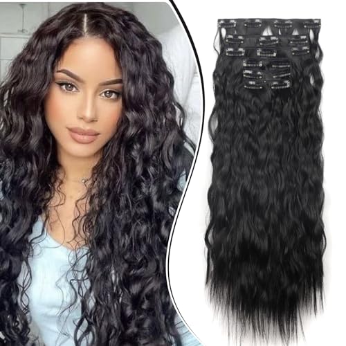 Gairyan Extension Capelli a Clip Neri Ricci Lunghi 6PCS 50cm Estensioni Sintetici Mossi Extension Clip Capelli Ondulati Posticci per Capelli Finti Clip in Hair Extension per Donna