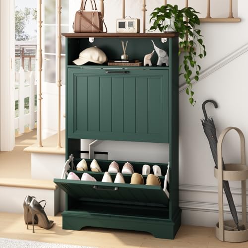 Image of 24 inch W Hidden Shoe Storage Cabinet with 2 Flip Drawers & Open Storage
