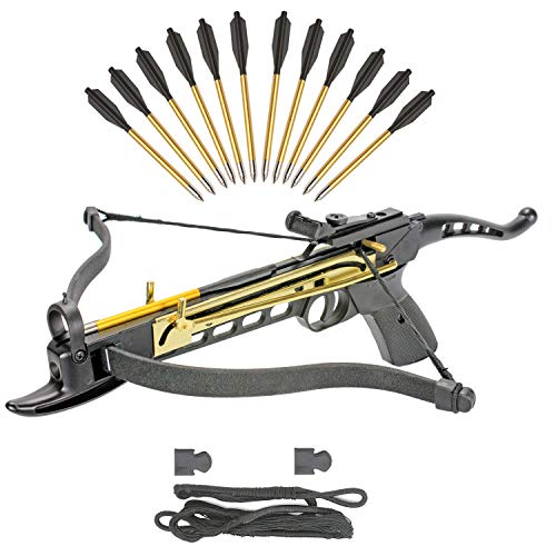 KingsArchery Crossbow Self-Cocking 80 LBS with Adjustable Sights, Spare Crossbow String and Caps, and a Total of 15 Aluminim Arrow Bolt Set Warranty