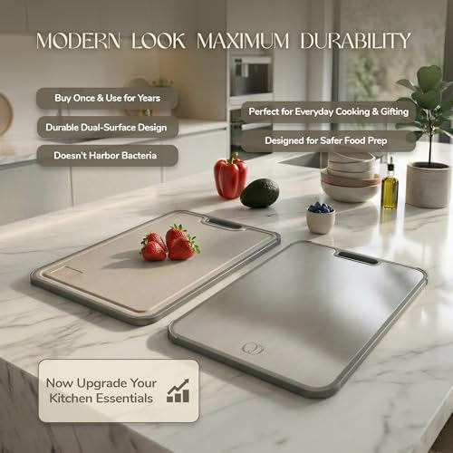 Image of Titanium Cutting Board Double-Sided 2-in-1 (99.9% Titanium + PP), 15 inch x 10 inch, with Accessories (Finger Guard, Glove, Thumb Knives) - Kitchen Metal Chopping Board for Meat, Fruits & Vegetables