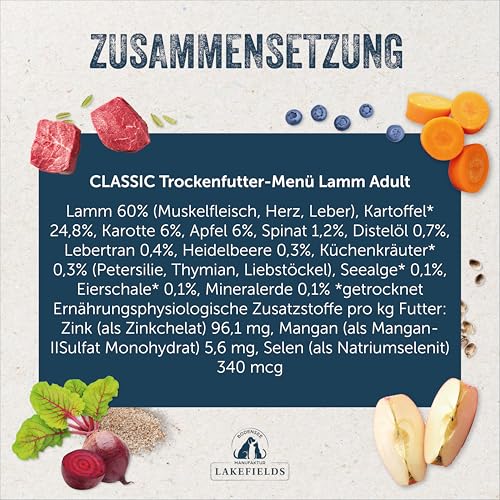 Lakefields Classic Hundefutter trocken | Lamm 60% | 1 kg | Getreidefreies Trockenfutter | Zutaten in Lebensmittelqualität | Kartoffeln, Blattspinat & Kräutern | Schonend gebacken