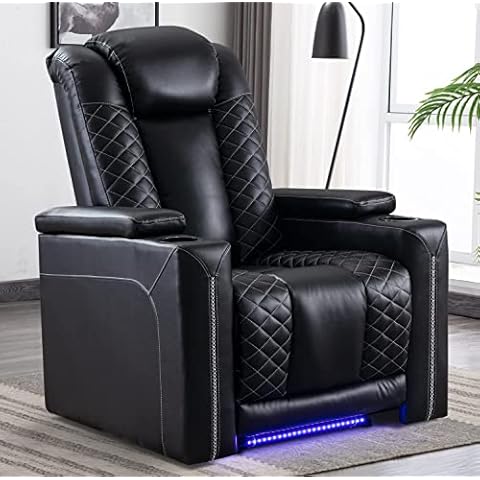 CANMOV Electric Power Recliner Chairs with USB Ports and Cup Holders, Breathable Faux Leather Home Theater Seating Recliner with Hidden Arm Storage, Ambient Lighting, Black Cover