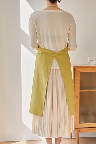 Miniatura 2 de Jeelow Vestido de lino de algodón para cocina, jardín, babero, espalda cruzada, delantal, para mujer, con bolsillos divididos en la parte delantera