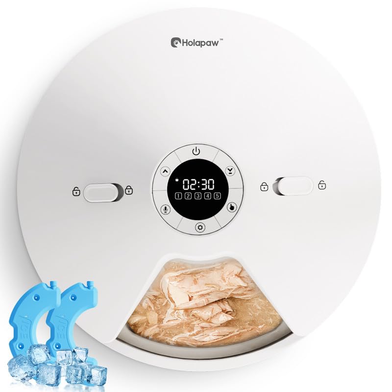 HOLAPAW Automatic Cat Feeder Wet Food, 5 Meals Cordless Pet Food Dispenser, Programmable Timer Battery Operated, Container with 2 Ice Packs