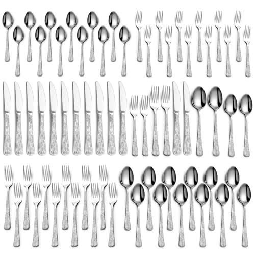 Yoehka 60-Piece Hammered Silverware Set for 12, Stainless Steel F...