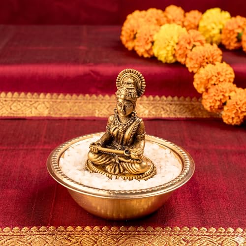 Image of anciently Pure Brass Annapoorani Statue with Rice Bowl - Maa Annapurna Devi Idol /Silai /Murti for Kitchen Vastu & Pooja Room, Gold Colour, 1 Set