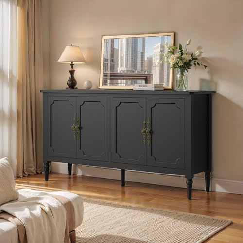 RoyalCraft Large Sideboard Buffet Cabinet with Storage, 58\'\' Modern Credenza Buffet Table Coffee Bar Wine Bar Storage Cabinet with Artistic Carved Handle for Dining Room Living Room, (Satin Black) - Thumbnail 5