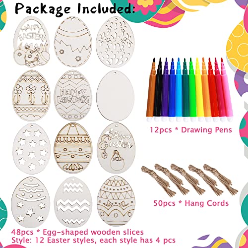 Efivs Arts 48 Pcs Wooden Egg Hanging Ornaments Unfinished Wood Eggs Painting Kits Handicraft Class Supplies For Kids Diy Crafts With Drawing Pen And Hang Cords #TOP1
