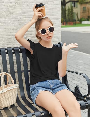 Image of Arshiner Girls Shirt - Short-Sleeve Twist Front T-Shirt for Girls with Cute Flying Sleeves - Summer Blouse Tunic Tee Tops