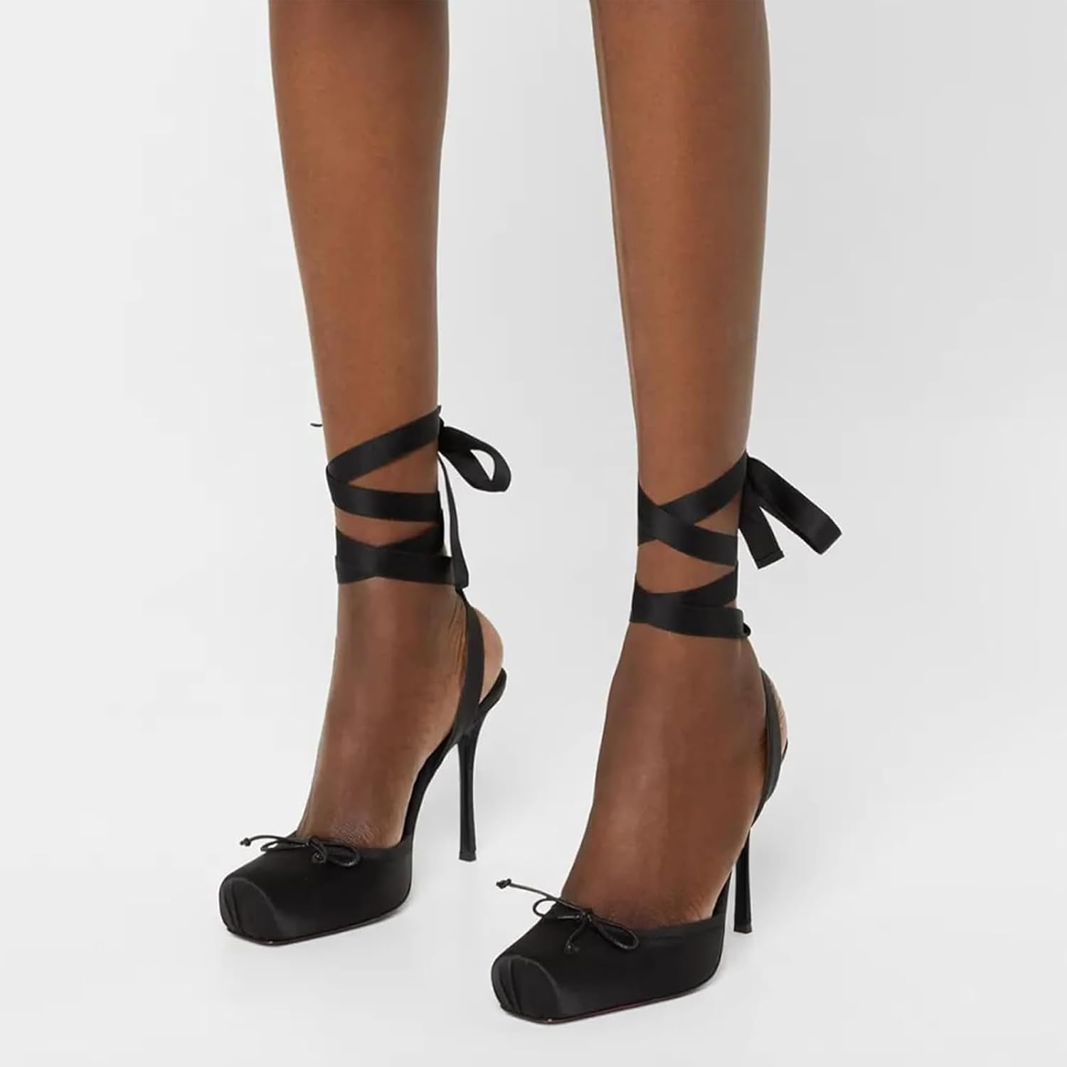 Women's Satin Ballet Slingback High Heels with Bows Closed Square Toe Lace-Up Stiletto Pumps Elegant Mary Jane Wedding Party Shoes - Image 6