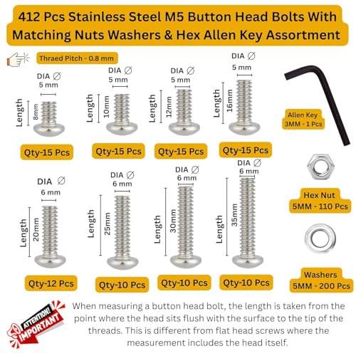 Image of Epi-Torque Stainless Steel 202 Grade Button Head Allen Key Bolt M5 Assortment with Matching Nuts, Washer & Allen Key Pack of 412 Pcs