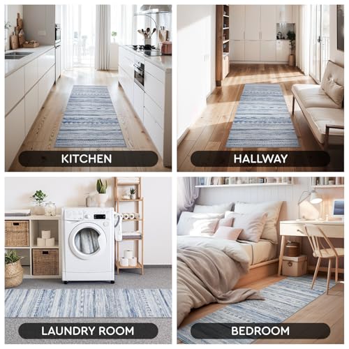 2x8 Runner Rug Machine Washable Non Slip Area Rug Distressed Neutral Moroccan Boho Rug Ultra Soft Floor Runners for Hallways for Entryway Laundry Room Kitchen, Blue