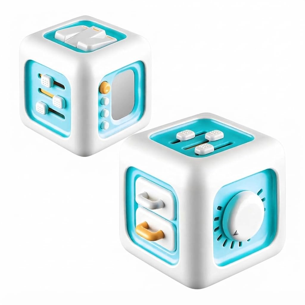 dorytoy busy cube sensory activity toy for kids, 6 sided montessori learning with switch, slider, fan, mirror, buttons and rotating dial