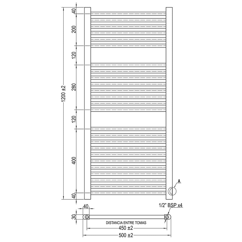 Kibath Toallero Radiador Secatoallas 120 cm x 50 cm circuito calefacción acabado negro mate fabricado en acero - No eléctrico