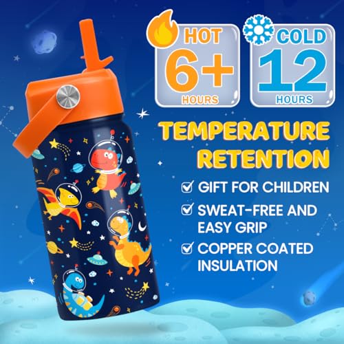Image of Kids Water Bottle with Straw Lid - 12 Oz Insulated Stainless Steel Dinosaur Water Bottles for Kid Boys - Travel Cup for School Sports
