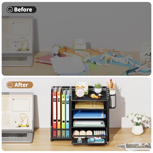 Image of Marbrasse Desk Organizer with File Holder, 5-Tier Paper Letter Tray Organizer with Drawer and 2 Pen Holder, Mesh Desktop Organizer and Storage with Magazine Holder for Office Supplies (Wood-Black)