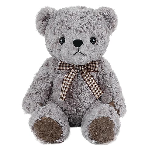 Image of WEIGEDU Classic Fluffy Teddy Bear Plush Toys, Gray, 11.8 inch | Stuffed Animals, Vintage Lattice Tie, For Kids Babies, Birthday Bedtime Christmas Gift