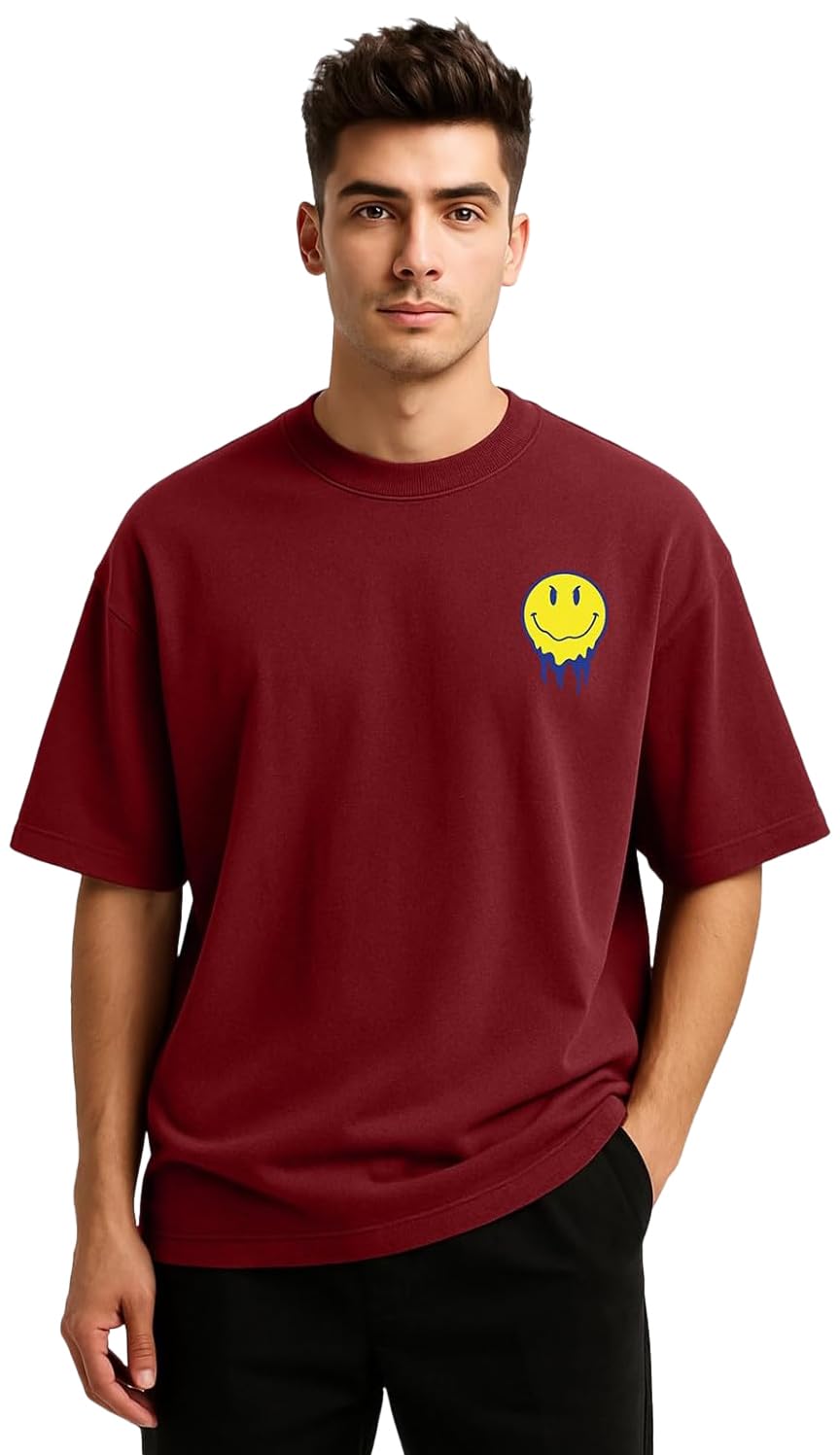 MANSLOOK 100% Pure Cotton Oversized Loose Baggy Fit Drop Shoulder Cool and Stylish Latest Go Pocket Print Design Brown Half Sleeve T-Shirt for Men (Available in from S to 2XL)