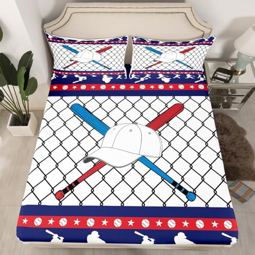 Baseball Fitted Sheet Full Size 3 Pcs,Sporting Athlete Silhouette Navy White Collections(No Flat Sheet),Baseball Bat Cap Modern Game Sports Bedding Deep Pocket for Kids