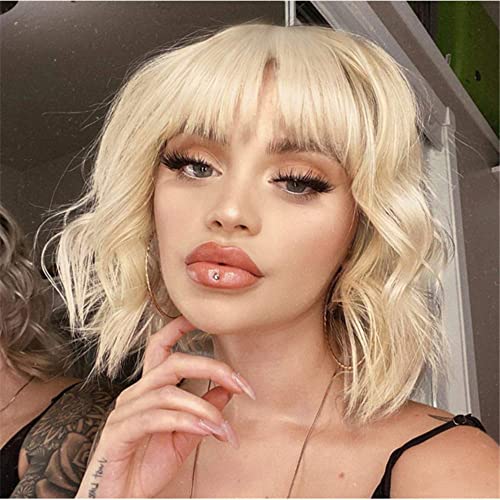 Dai Cloud Wavy Blonde Bob Wig With Bangs Short Curly Wavy Bob Wig Shoulder Length Pastel Blonde Wigs for Women Synthetic Party Halloween Costume Cosplay