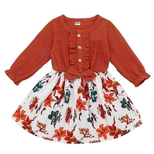 Toddler Kids Girl Dress Baby Clothes Autumn Wine Red Floral Party Dress Bowtie Outfits (6-12 Months, Orange red Floral Dress)