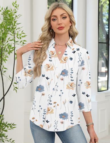 Image of LOMON 3 /4 Length Sleeve Womens Tops Dressy V Neck Collared Shirts Trendy Business Casual Work Blouses Vacation Outfits 2026