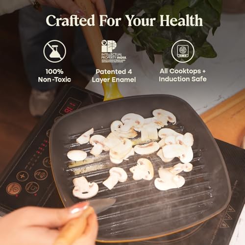 Image of CUMIN CO. Enamel Cast Iron Grill Pan | 24 cm, 1.2L | 10 Year Warranty | Non Toxic Non Stick Pan for Kebab and Tikkas | Chemical Free Coating |Gas, Induction & Grill Safe | Mustard