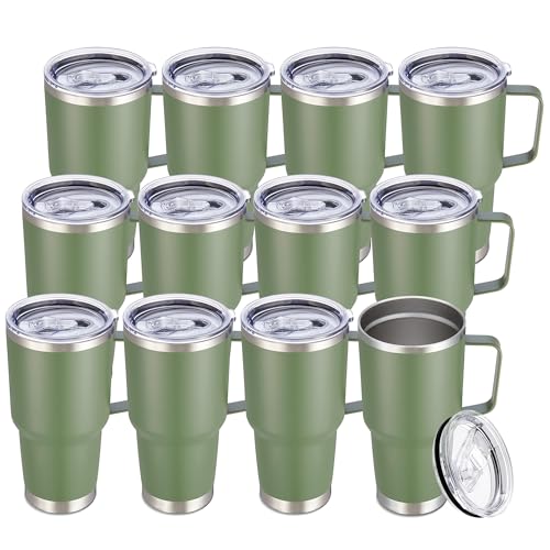 Image of 30 oz Stainless Steel Tumblers Bulk with Handle and Lid, 12 Pack | Powder Coated, Double Wall Vacuum Insulated, Leak Proof Lid, Keep Drinks Cold and Hot, for office, party, camping,Army Green