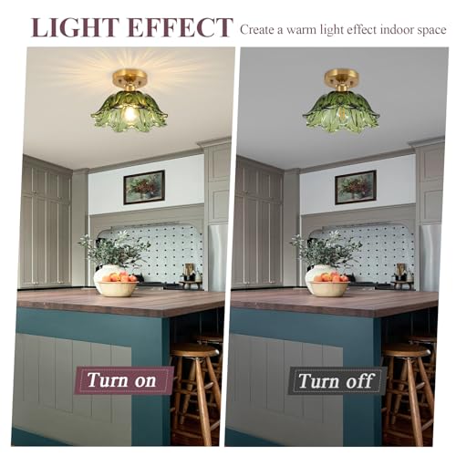 Image of Semi Flush Mount Ceiling Light, Vintage Ceiling Light 11 inch, Green Shade Glass Light Fixture for Kitchen Bedroom Dining Room,Bulb not Included
