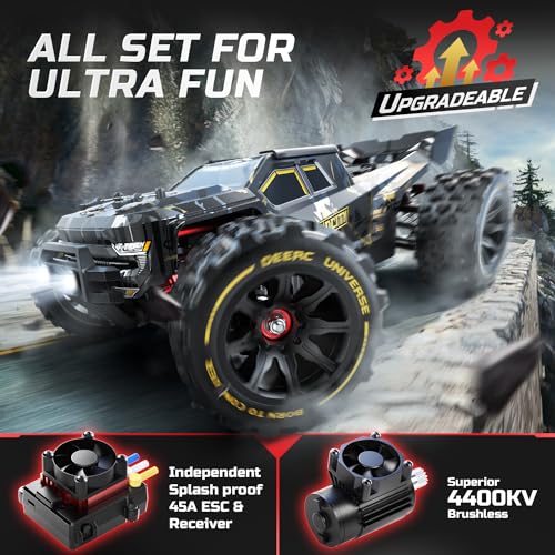 DEERC 1:14 Fast Brushless RC Cars for Adults & Boys, Max 50+ MPH, 2 3S Lipo Batteries 4x4 Waterproof RC Truck, High Speed Offroad Remote Control Car, All Terrain RC Truggy for Snow,Sand & Mud
