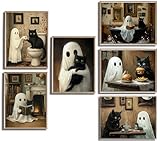 6Pcs Halloween Ghosts Wall Art Ghost Black Cat Funny Gothic Wall Decor Pictures Retro Horror Creepy Dark Academia Poster Prints for Bedroom Gallery Bar Home Decoration 8x10in Unframed