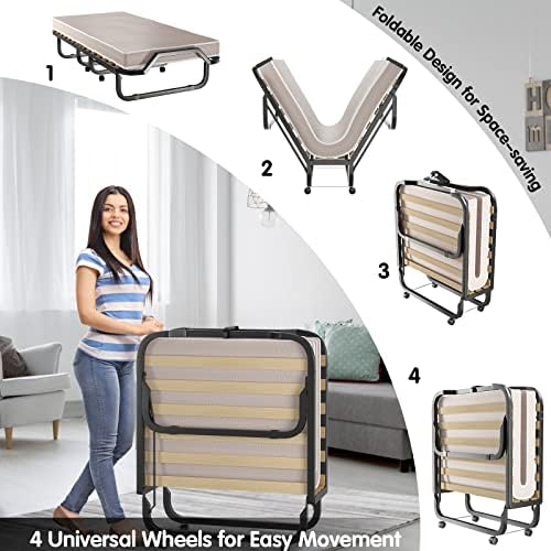 4. Bild von GIANTEX Klappbett 90x200 cm Erwachsene, Gästebett klappbar, Reisebett mit Matratze, klappbares Bett mit 4 Rollen, Einzelbett mit Lattenrost, Faltbett Metallbett Metallrahmen bis 120 kg belastbar