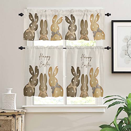 Idowmat Curtain Tier And Valance Set 3 Piece, Semi Sheer Rod Pocket Valance Small Half Window Tier Curtains Vintage Easter Polka Dot Bunny Silhouette White Valances For Kitchen #TOP1