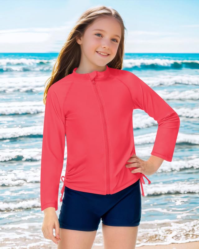 Image of BesserBay Big Girls Long Sleeve UPF 50+ Pink Surfing Shirt Sun Protection Zip Up Quick-Dry Rashguard 13-14 Years