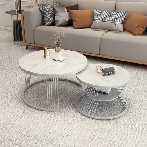 Image of The Round Coffee Table and The Stacking Tea Table with a Gold Metal Frame are Two Versatile Modern Center Tables that Look Great in Living Rooms (Grey White)