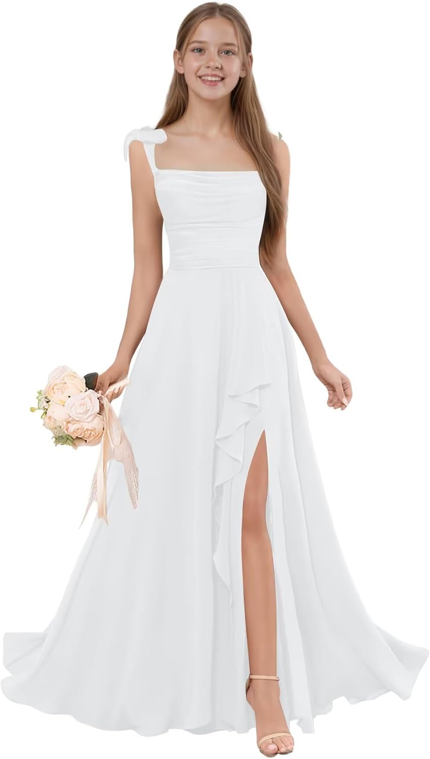Spaghetti Straps Junior Bridesmaid Dresses Chiffon Flower Girl Dress for Wedding Ruffle Formal Gown for Girls