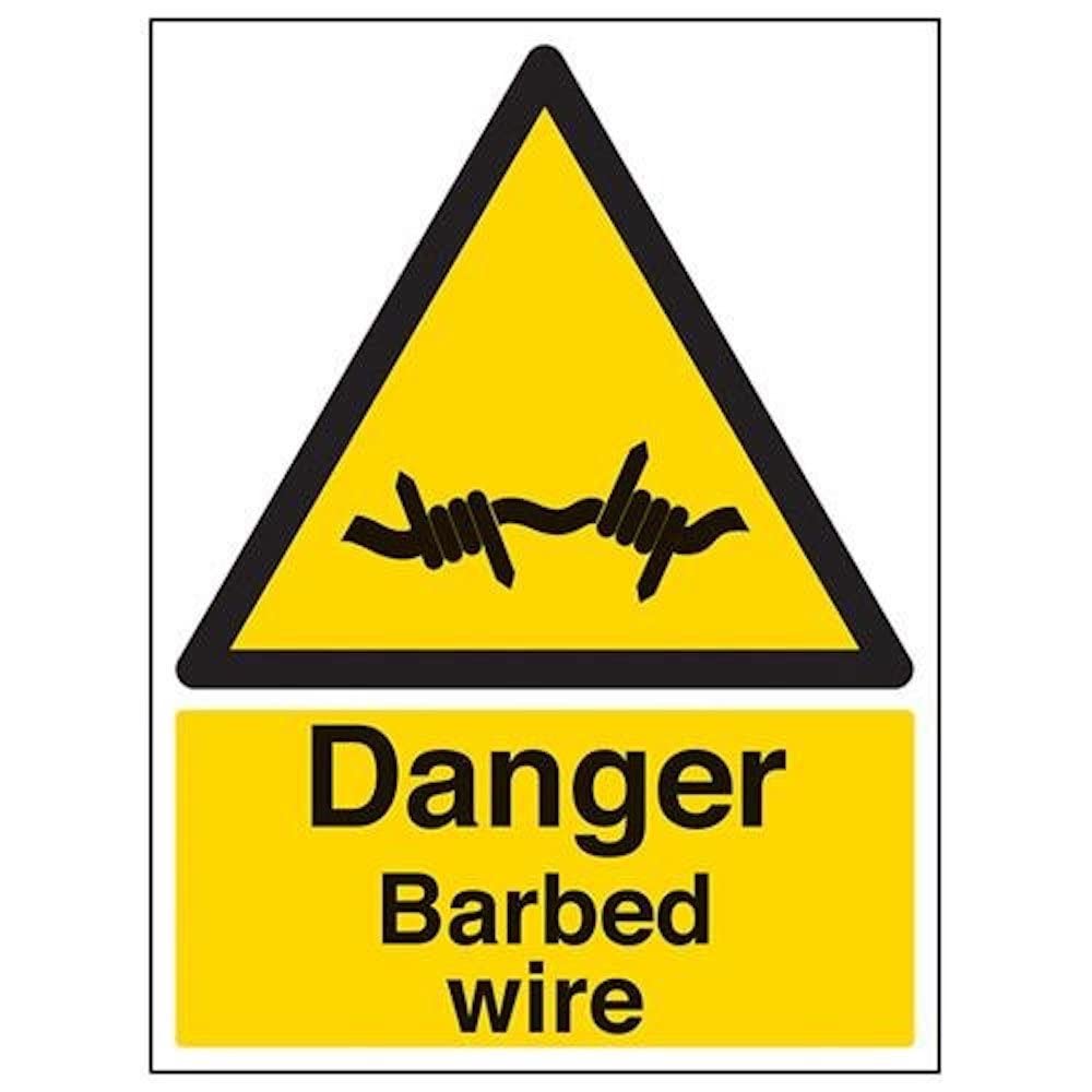 V Safety Danger Barbed Wire Warning Sign - 300mm x 400mm - 2mm Rigid Plastic