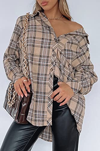 Image of CHYRII Womens Button Down Flannel Shirts Long Sleeve Plaid Shackets Business Casual Blouse Top
