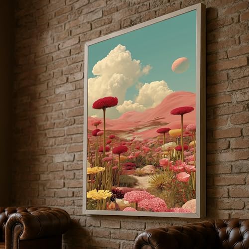 Lienzo de paisaje floral de 30x40cm sin marco para decoración de praderas rosas y rojas